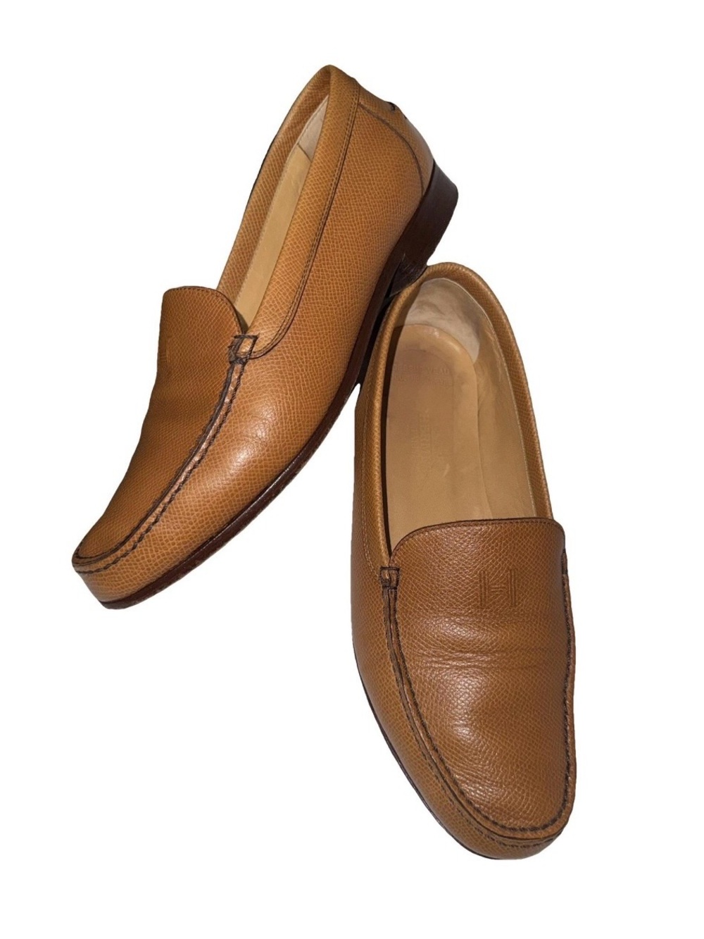 Hermes AUTHENTIC H Logo Grained Leather Driving Shoe Loafers Camel Brown 36.5